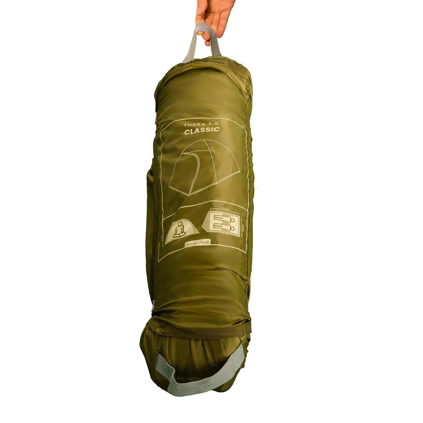 2-person festival tent in olive green transport bag.