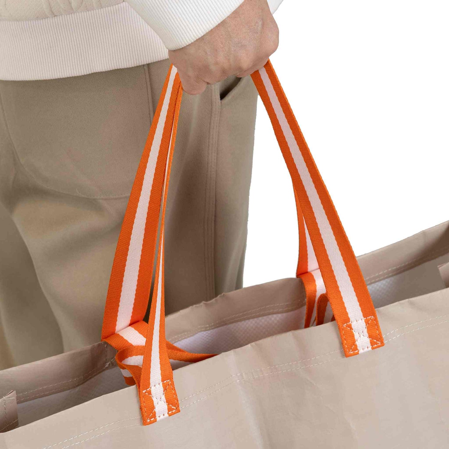 Opbevaringspose 40L med orange håndtag, robust og vandafvisende, perfekt til festivalbrug.