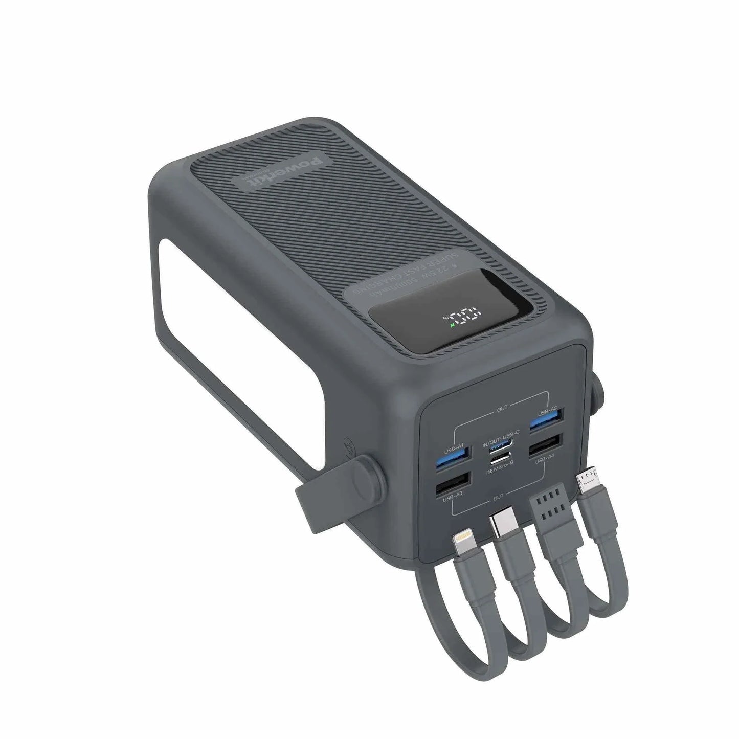 Powerbank 50.000 mAh med indbygget display, lommelygte og fire kabler til USB C, Lightning, Micro USB og USB A.
