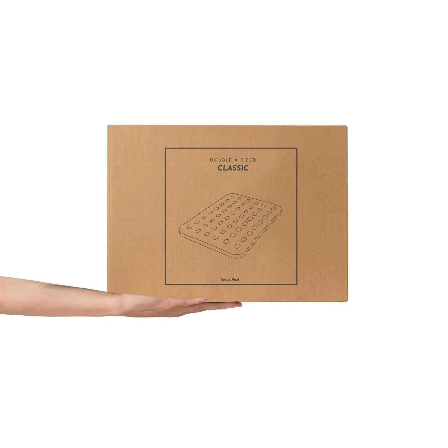 Dobbelt luftmadras pakket i kasse med illustration af luftmadras og valg mellem Basic og Premium modeller.