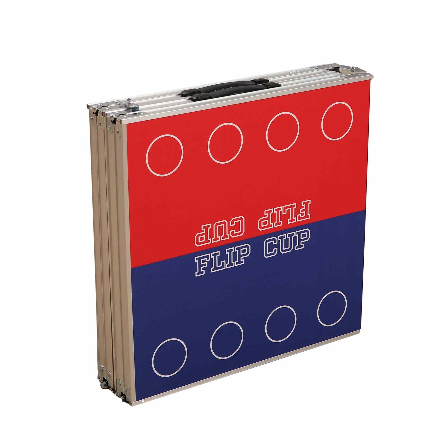 Foldable beer pong table with flip cup setup, official dimensions, waterproof PU surface.