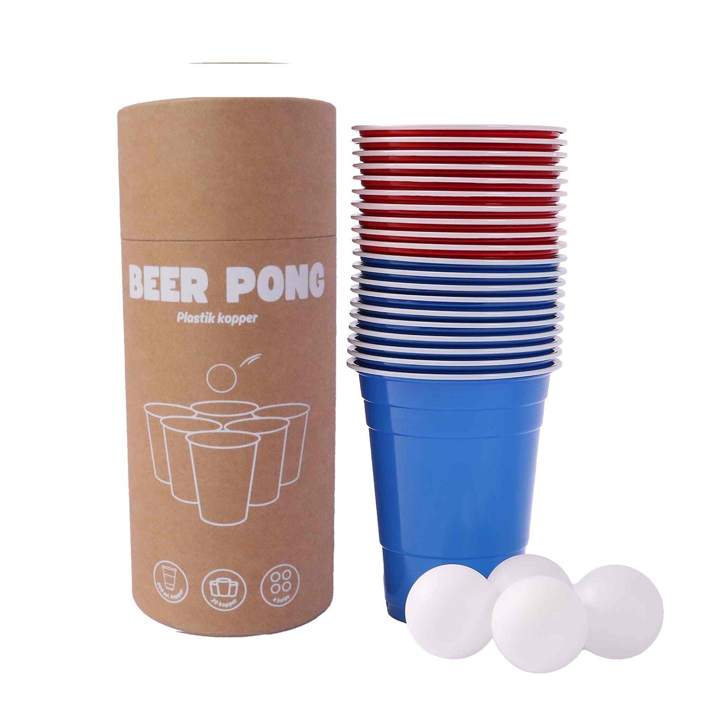 Beer pong sæt med 20 kopper og 4 bolde.