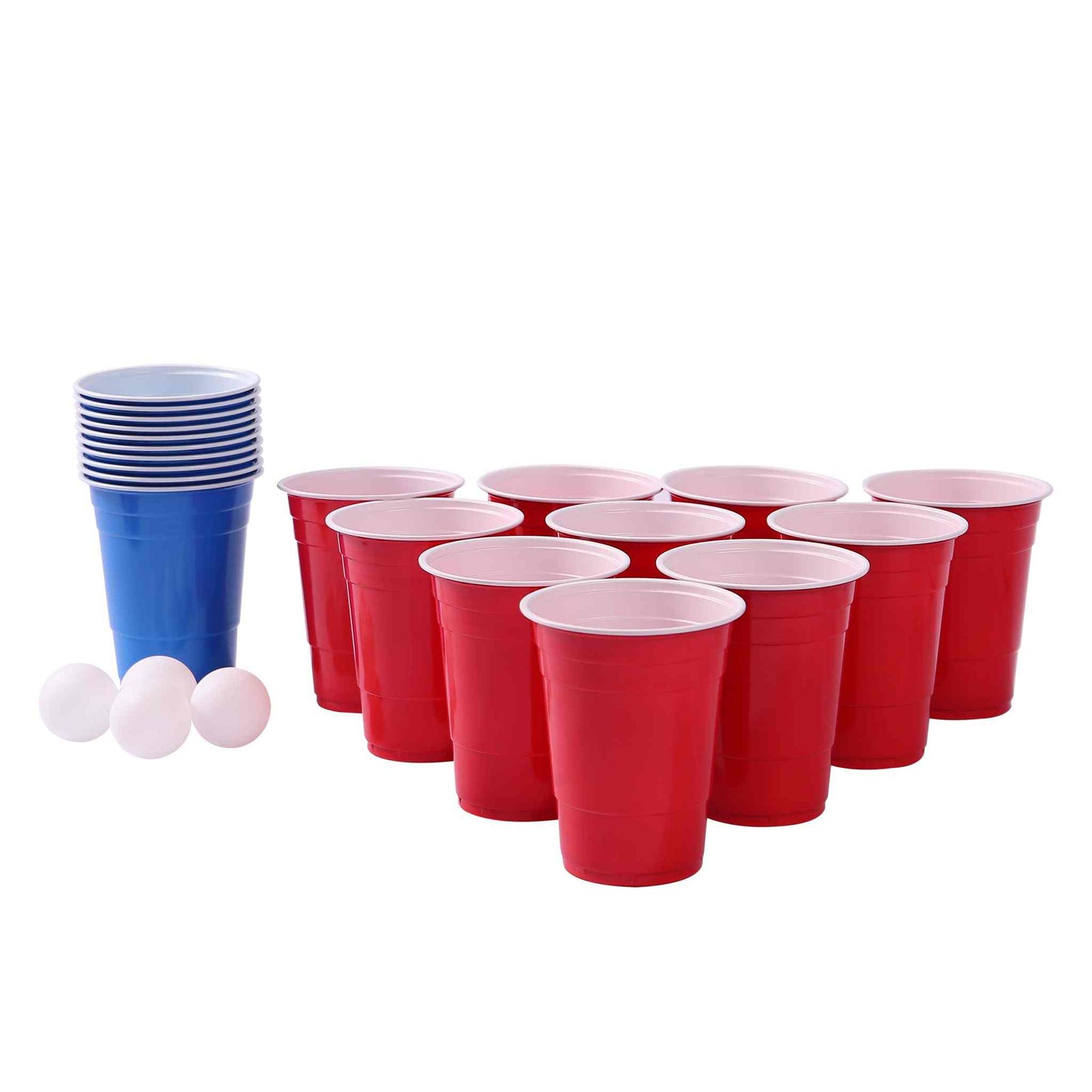 Beer pong sæt med 20 røde kopper, 4 bolde, og blå kopper.