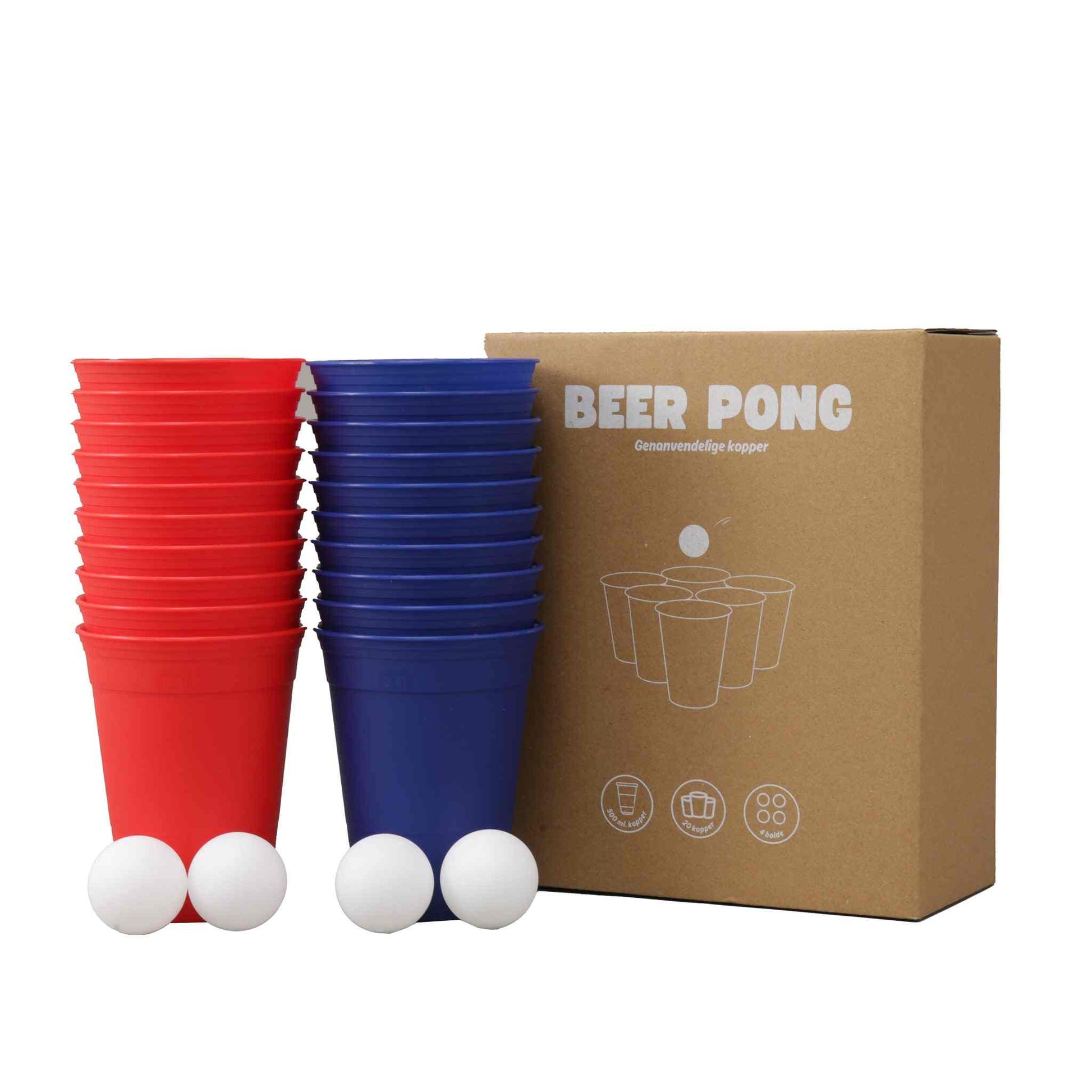 Reusable beer pong cups and balls set with packaging for parties.