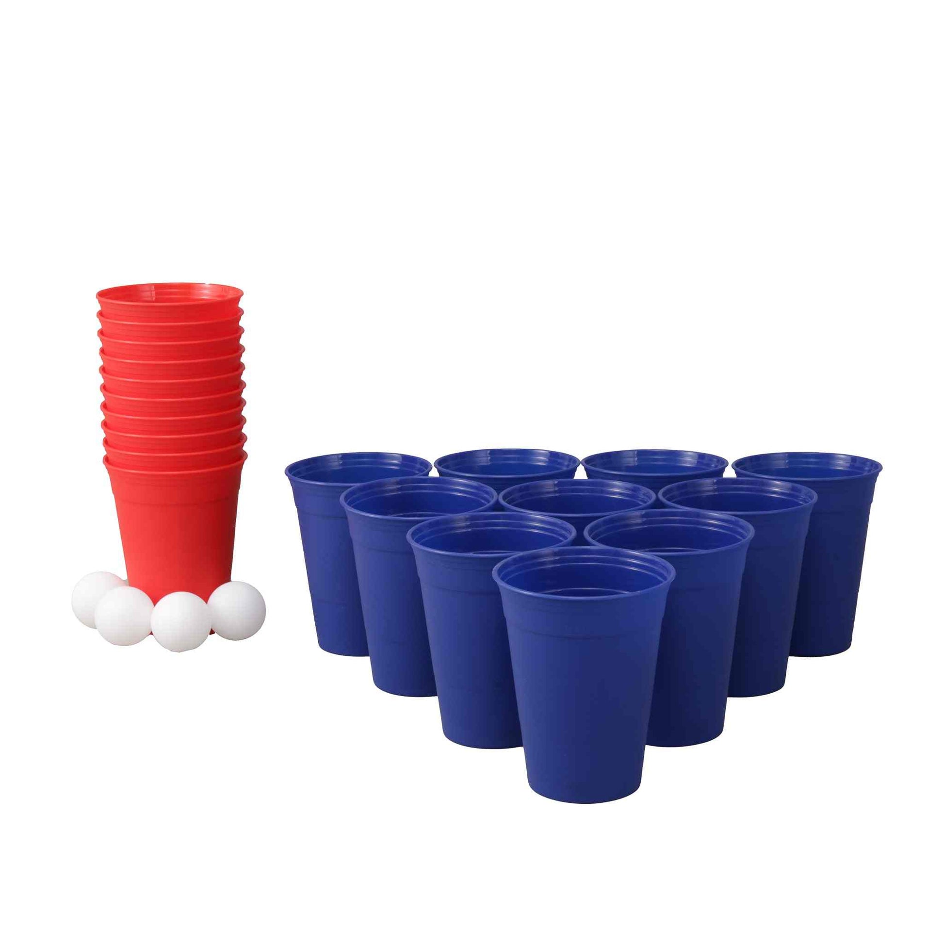 Reusable beer pong cups and balls set in red and blue.
