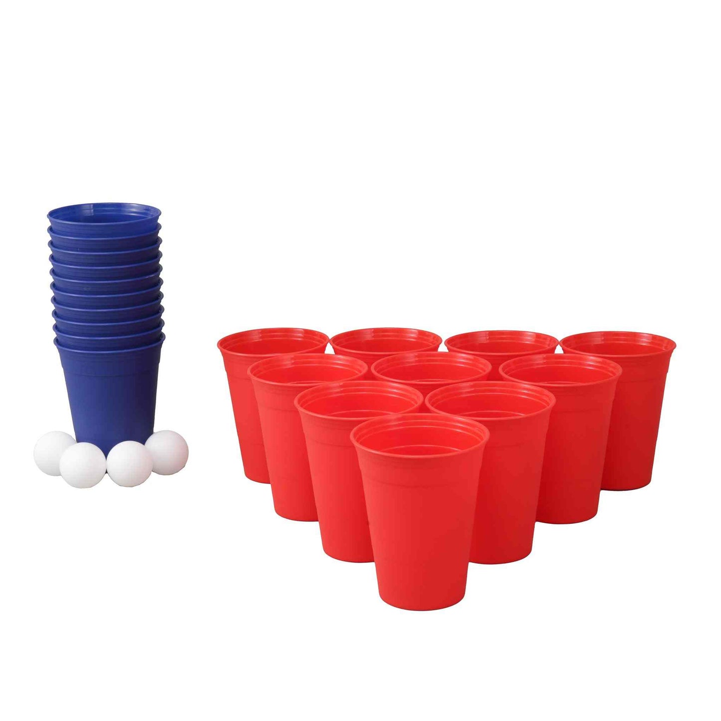 Reusable beer pong cups and balls set with durable red cups and four white balls, ideal for parties and events.