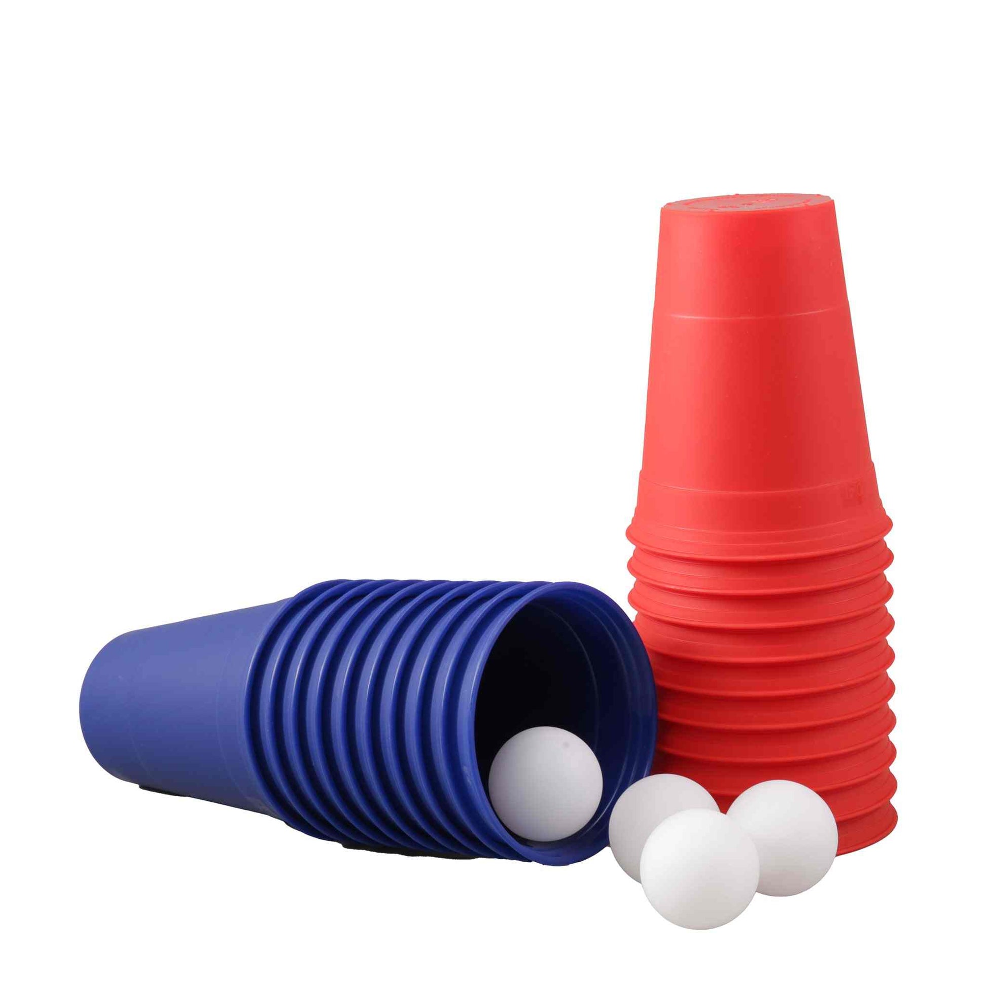 Reusable beer pong set with red and blue cups and white balls.