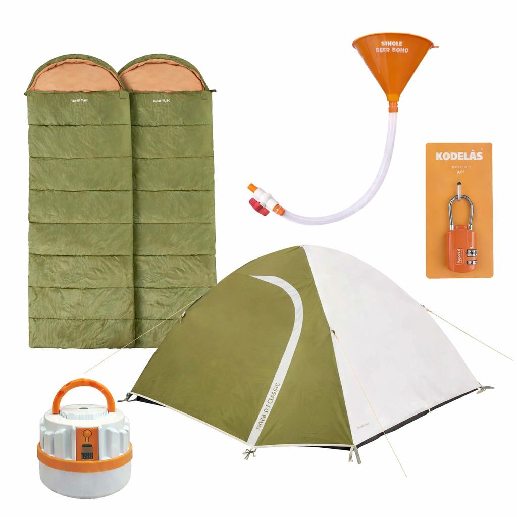 festivalpakke til 2-3 personer med blackout telt, soveposer, ølbong, kodelås og genopladelig lampe