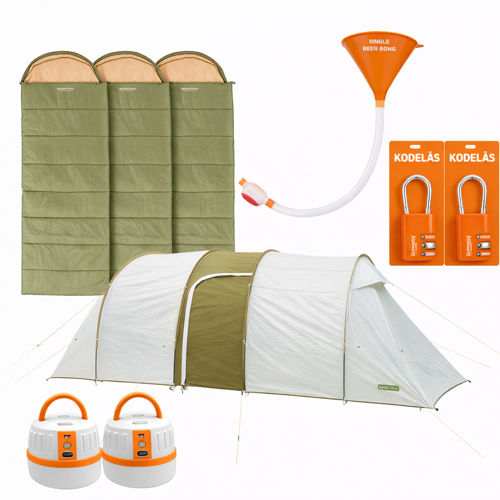 Festivalpakke til 3-4 personer med 4 personers blackout telt, 3 soveposer, ølbong, 2 kodelåse og 2 genopladelige lamper