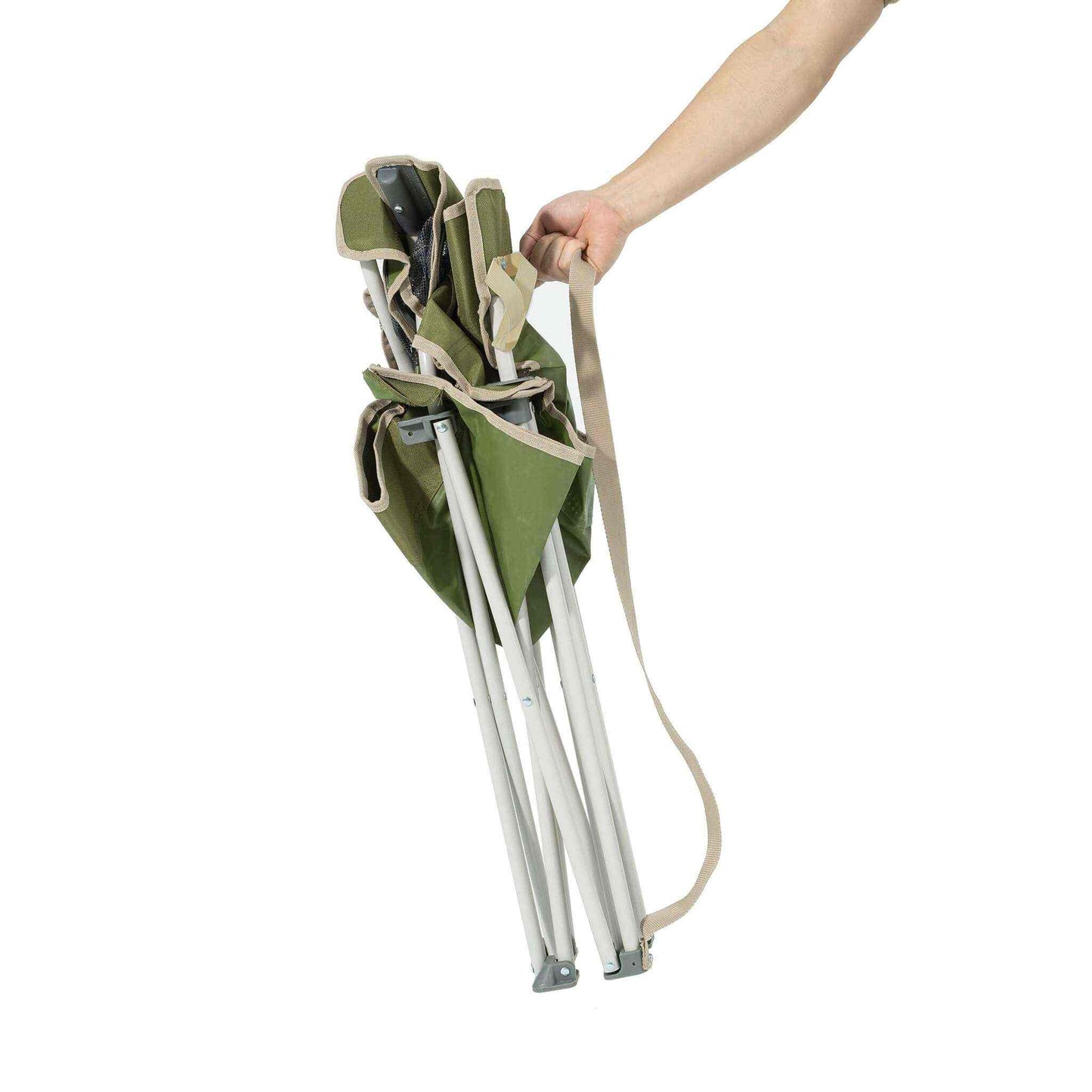 Foldable festival chair with two cup holders and carrying strap.