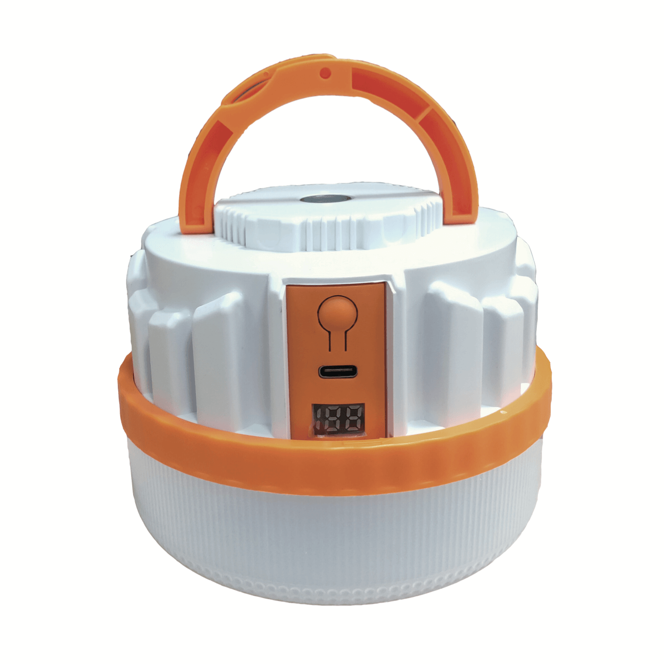 Genopladelig lampe med USB C, 500 lumen, camping brug, hvid og orange design.