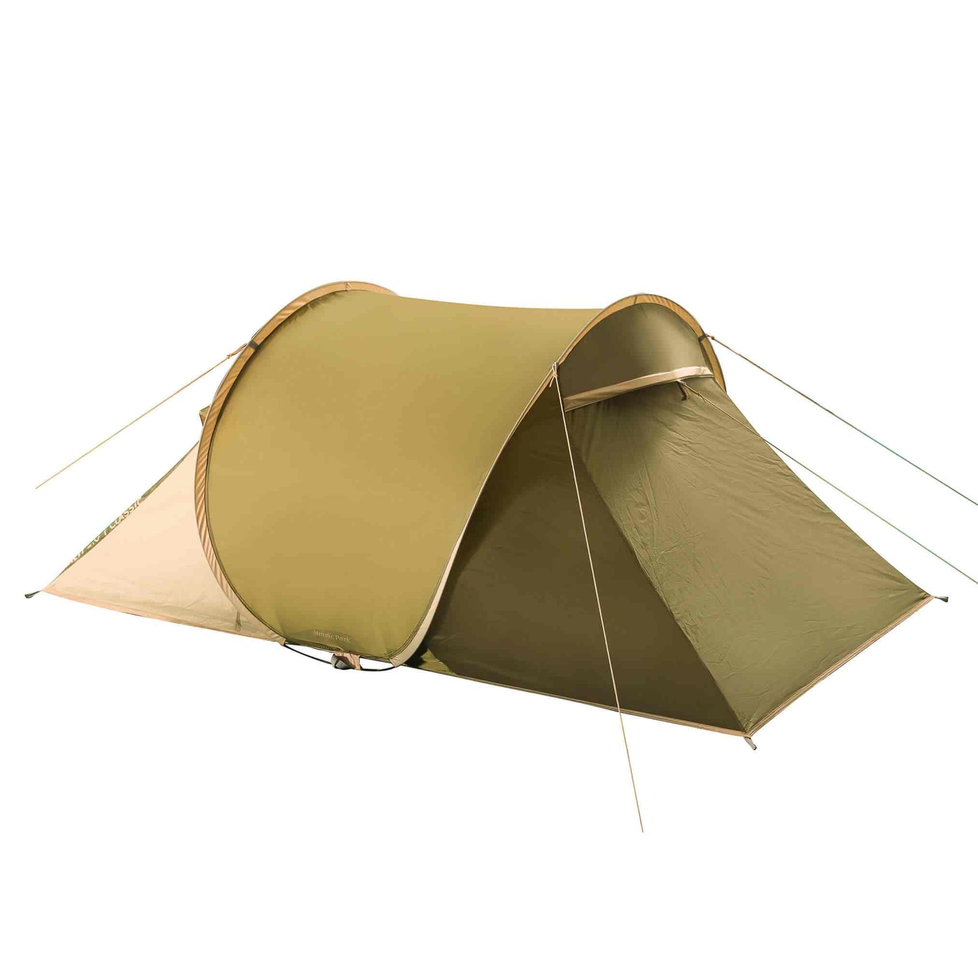 2-person pop up tent, self-folding, waterproof, with ventilation and storage pockets.