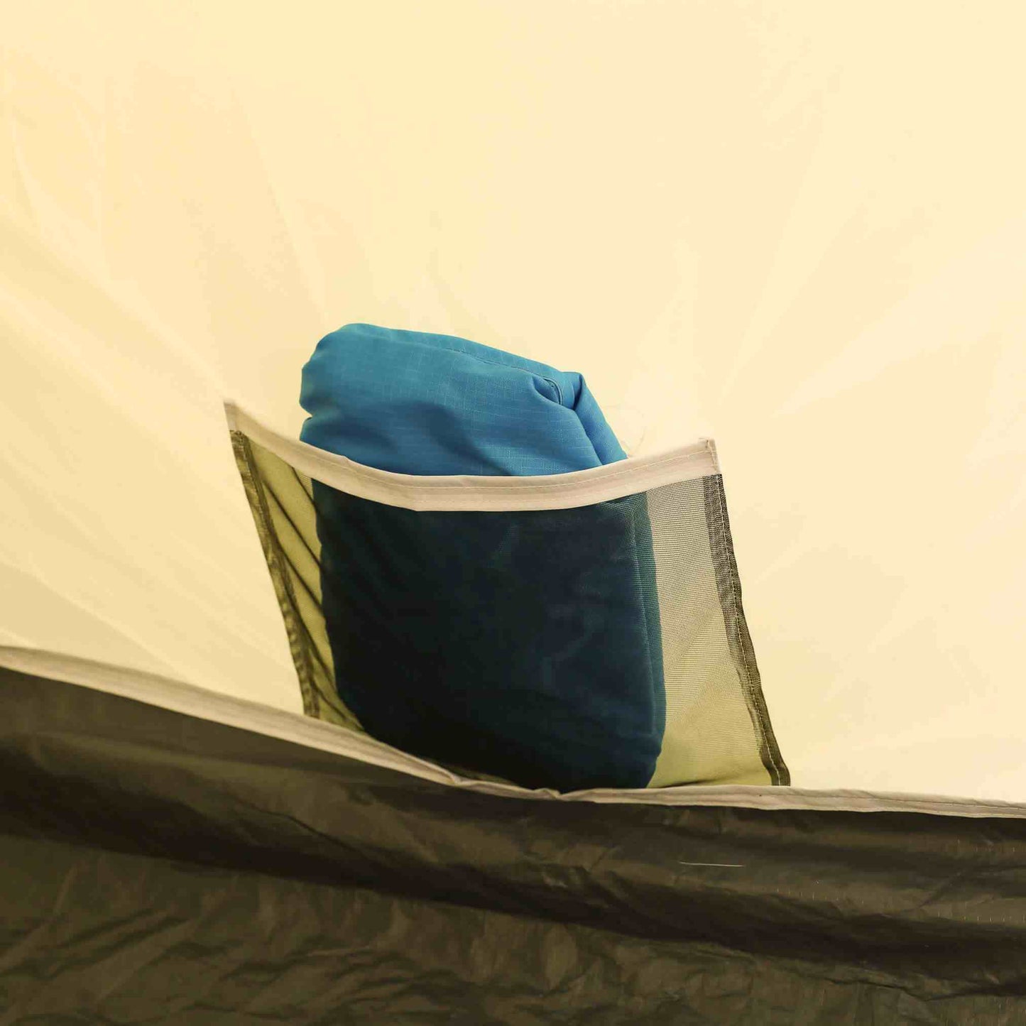Mesh storage pocket inside pop up tent for 2 people.