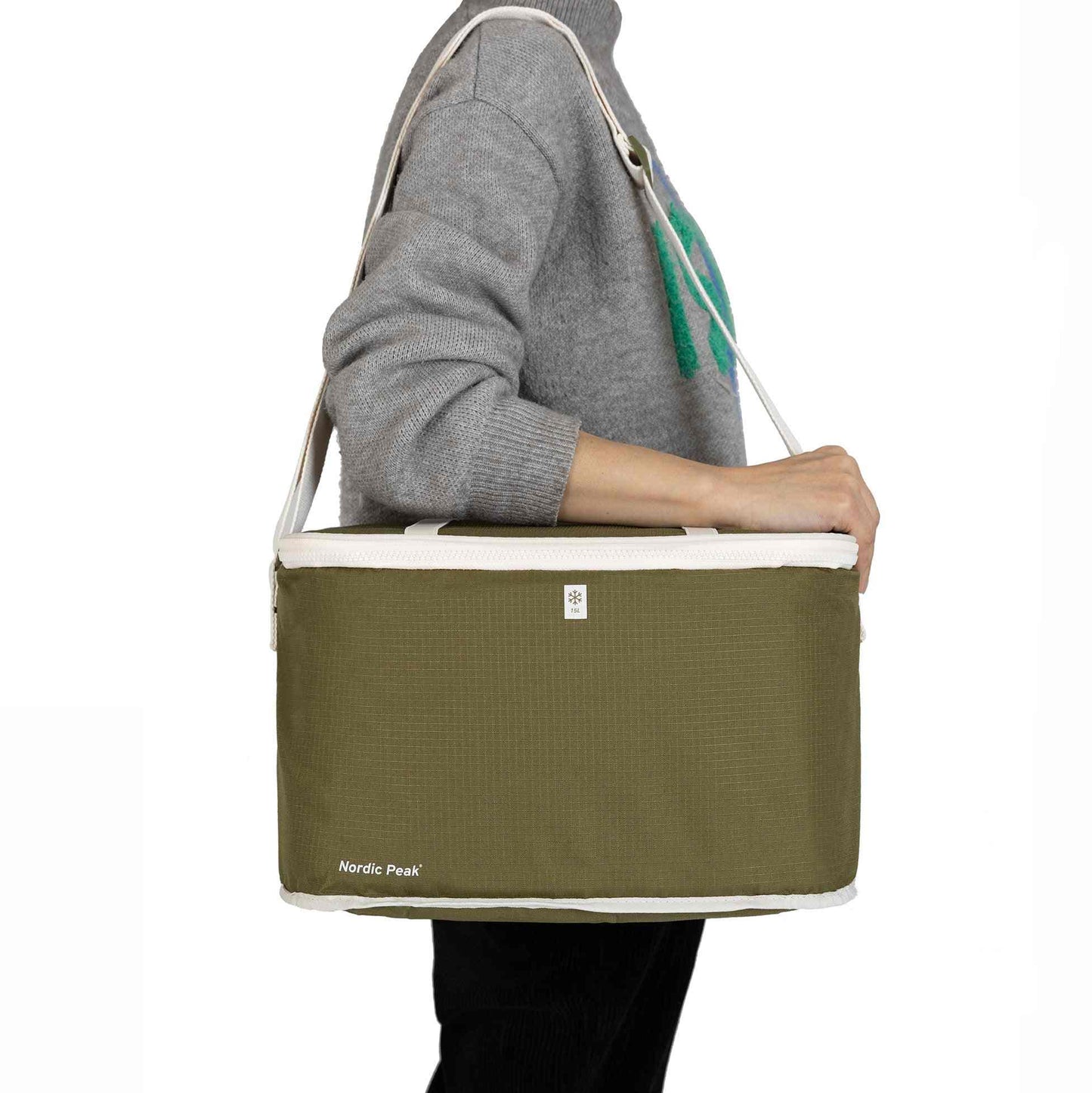 Green 15L cooler bag with adjustable shoulder strap, ideal for festivals and picnics.