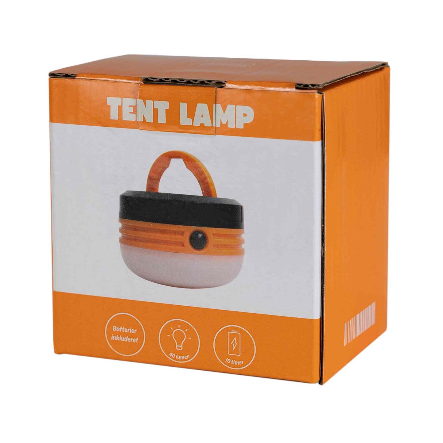 Portable camping lamp with 40 lumen brightness, adjustable light intensity, and included batteries.