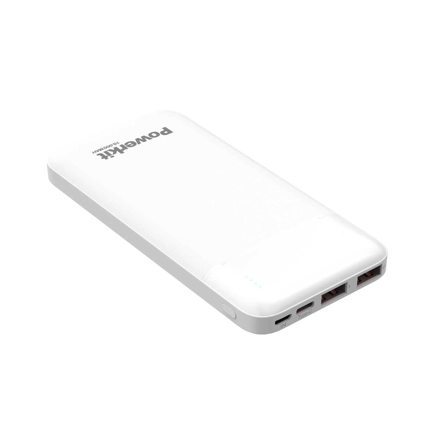 Compact white powerbank 10,000 mAh with dual USB ports.
