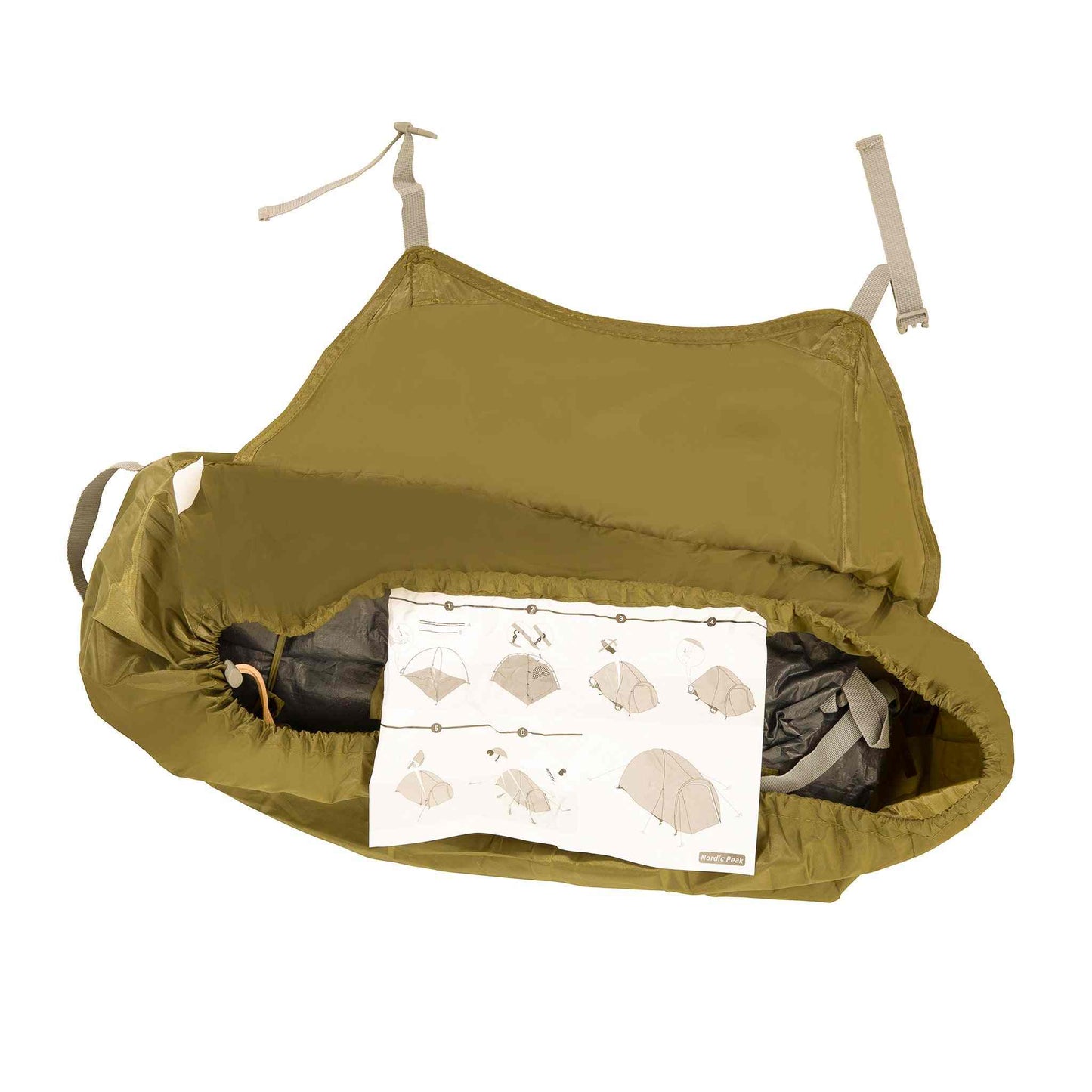 Festivaltelt - 2 personer XL, indvendigt rum, opbevaring og manual vises.