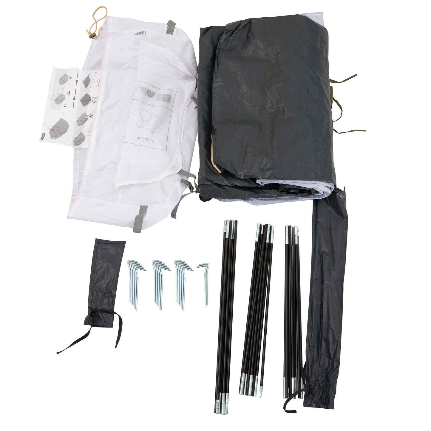 Blackout festivaltelt - 2 personer XL pakketilbehør med pløkker og stænger.