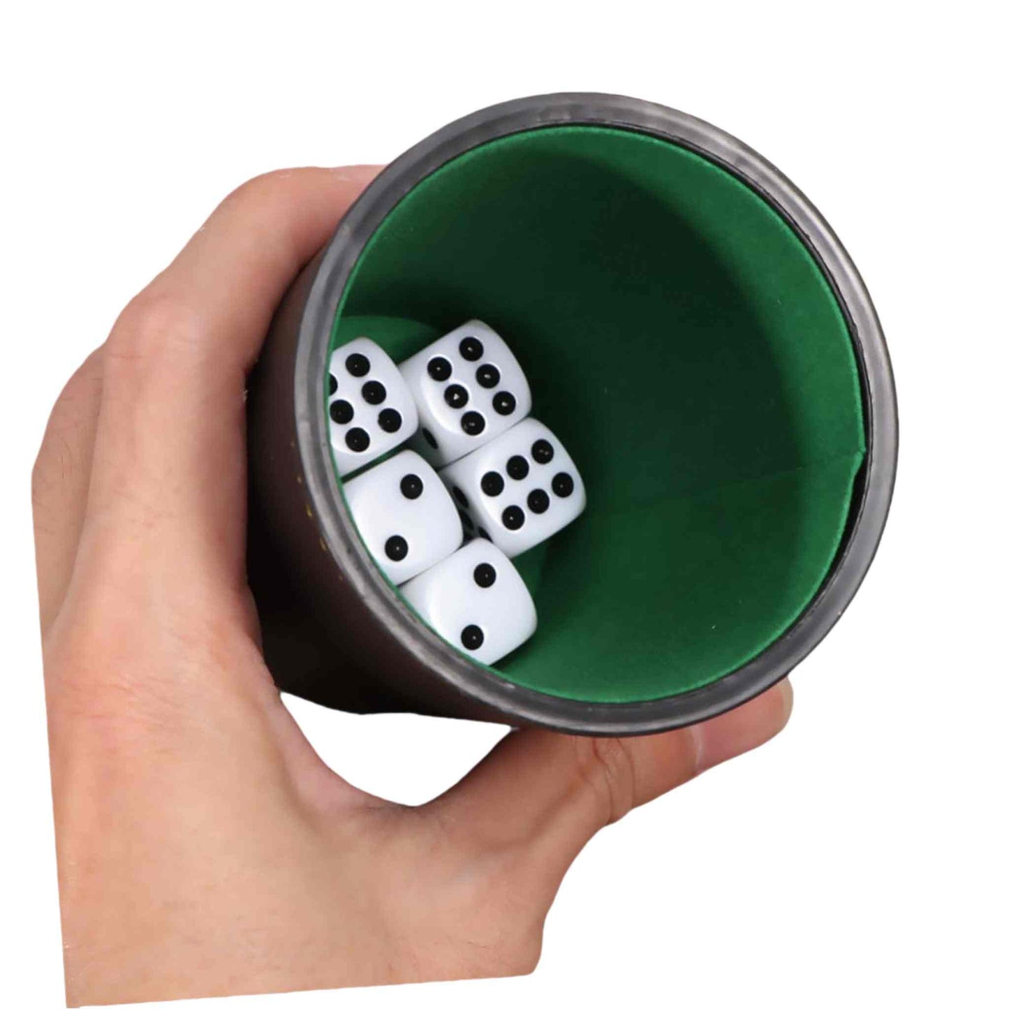 Raflebæger med 5 terninger for sjove terningspil, kompakt og holdbart design.