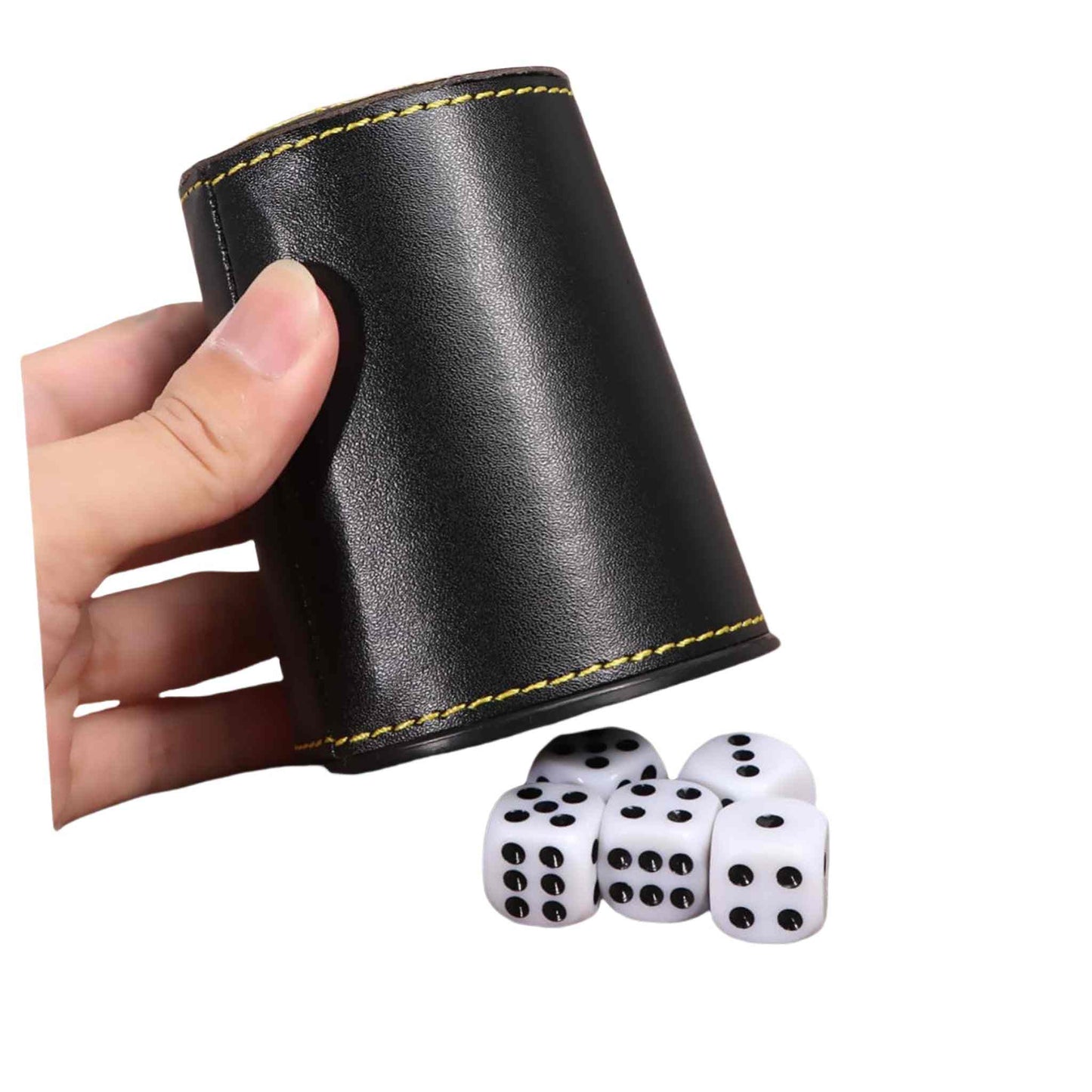 Raflebæger with 5 dice, ideal for games like yatzy; perfect for game nights and camping.