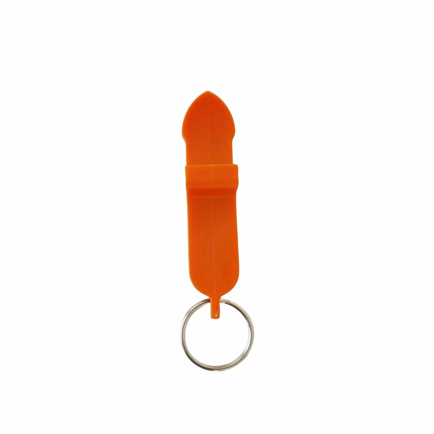 Orange beer can shotgun tool with keyring attachment.