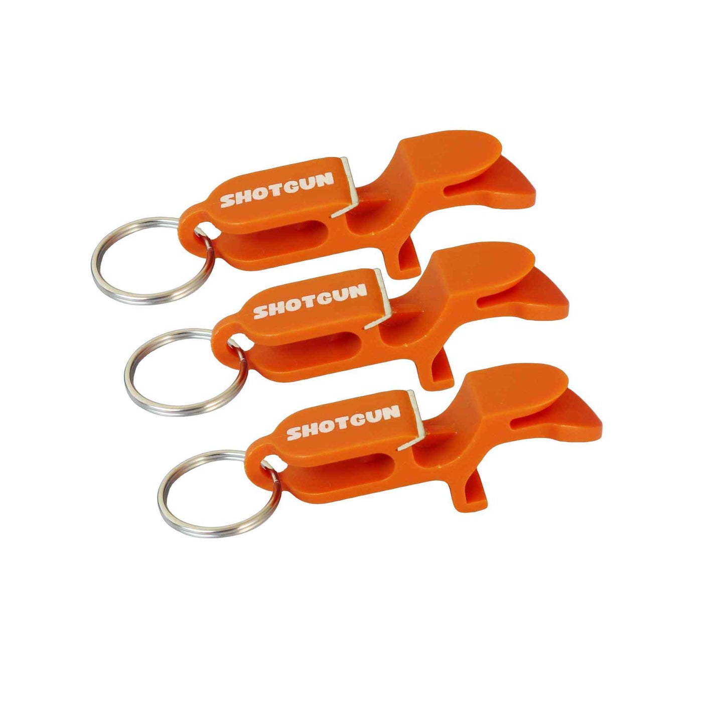 Orange shotgun tool keychains for easy and precise can opening.