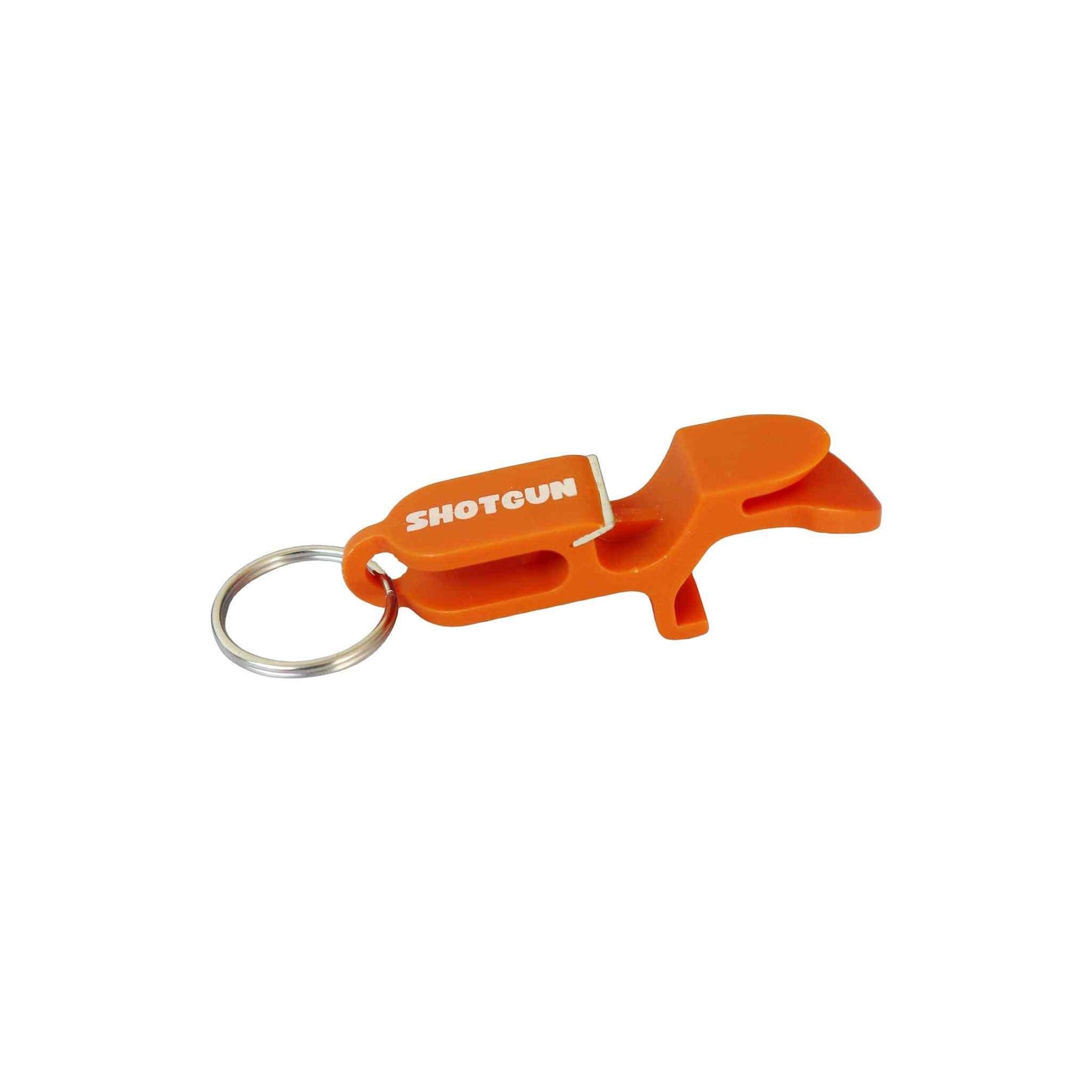 Orange compact shotgun tool for easy and precise can opening, ideal for festivals and parties.