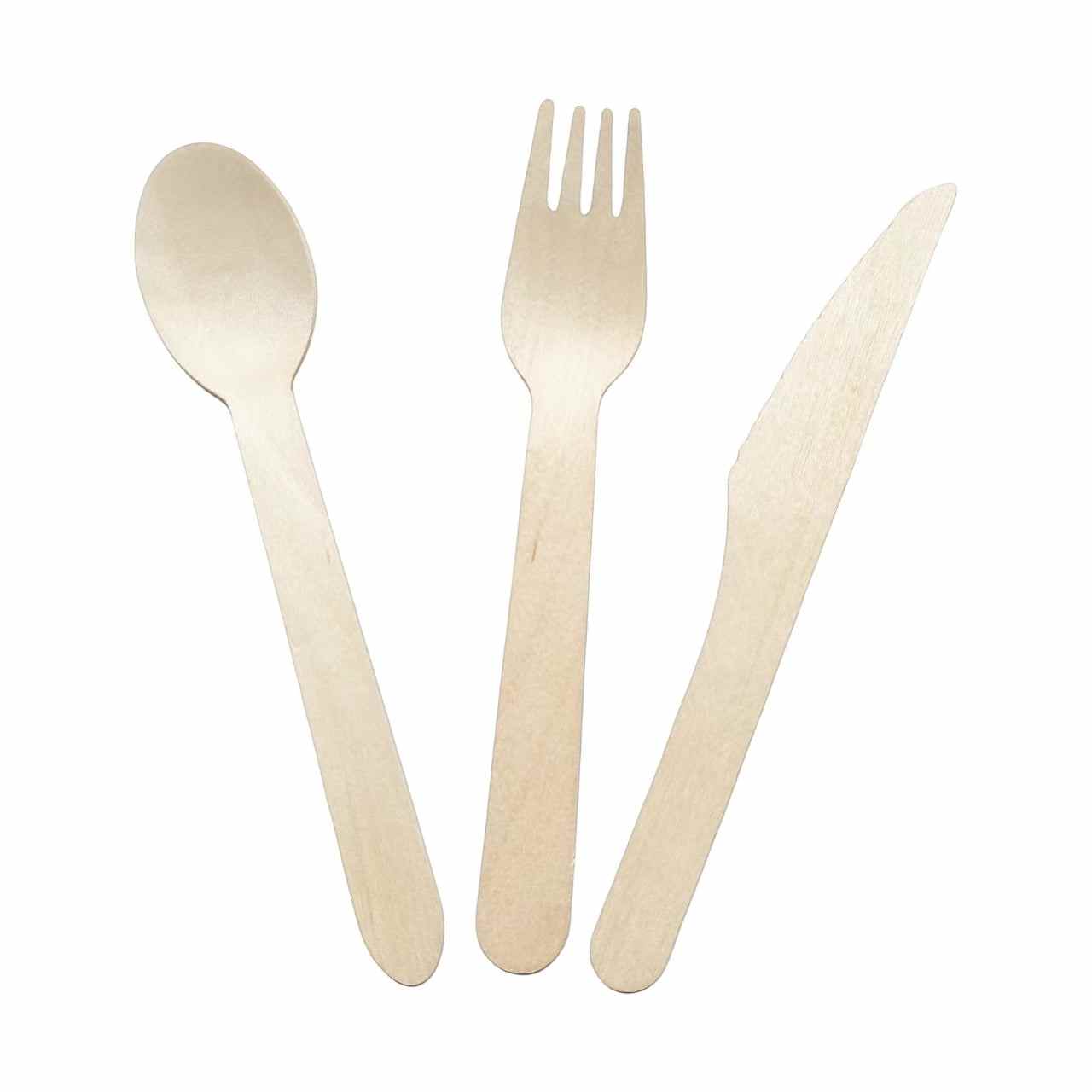 Wooden disposable cutlery set with 10 forks, 10 knives, and 10 spoons; perfect for parties and picnics.