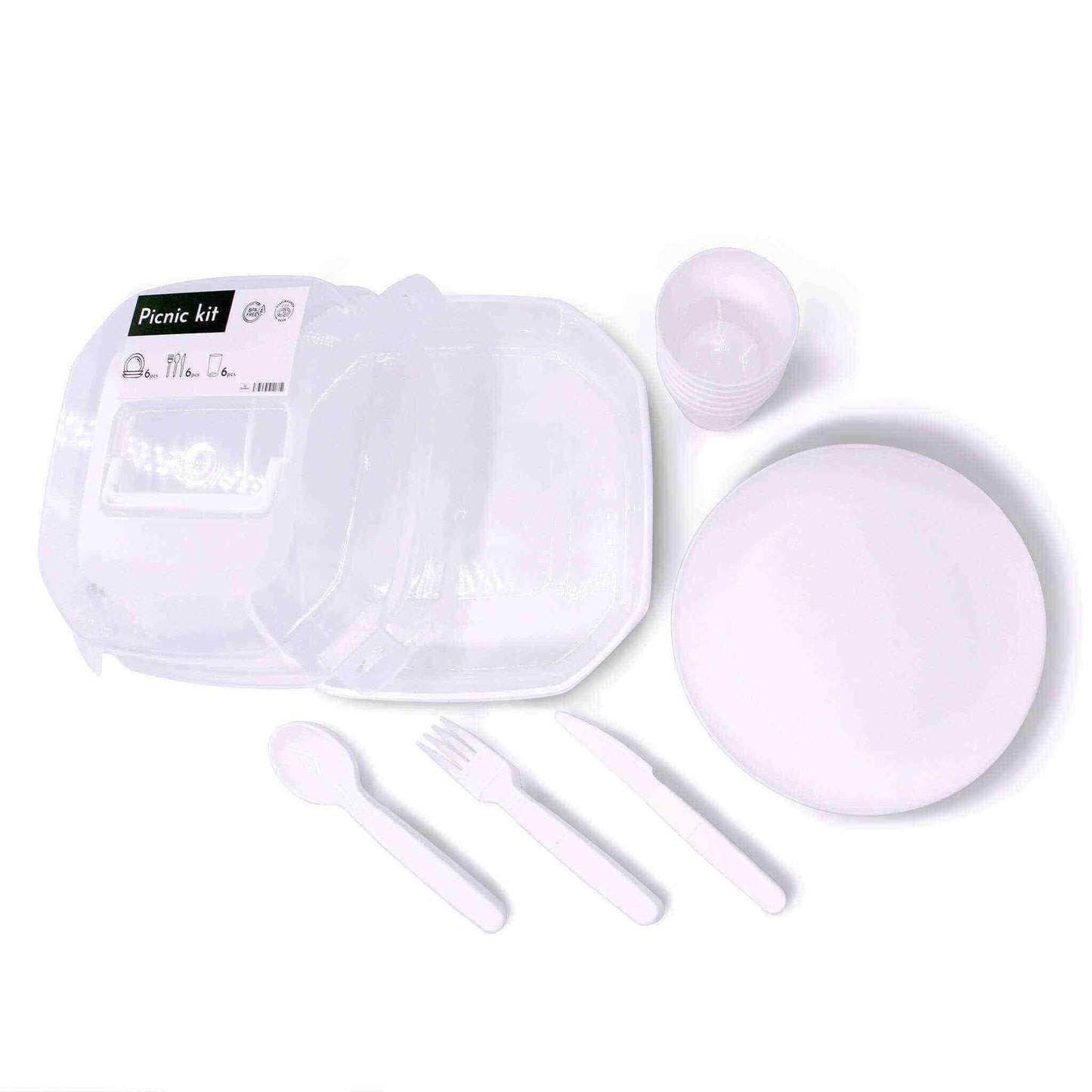 Reusable plastic dinnerware set for picnics with 30 pieces, including plates, cups, and cutlery; dishwasher-safe and BPA-free.