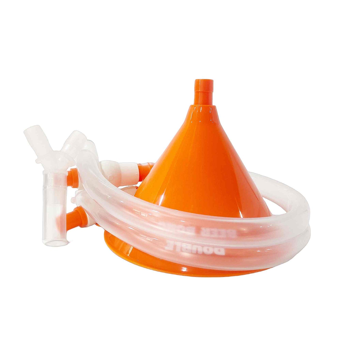 Dobbelt ølbong with orange funnel, twin tubes, and mouthpieces for beer drinking challenge.