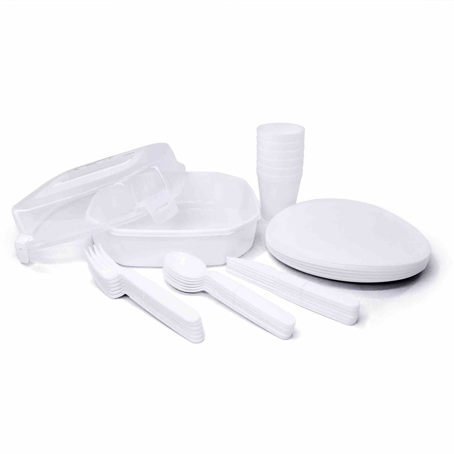 Reusable plastic picnic box set with 30 pieces including plates, cups, forks, knives, and spoons.