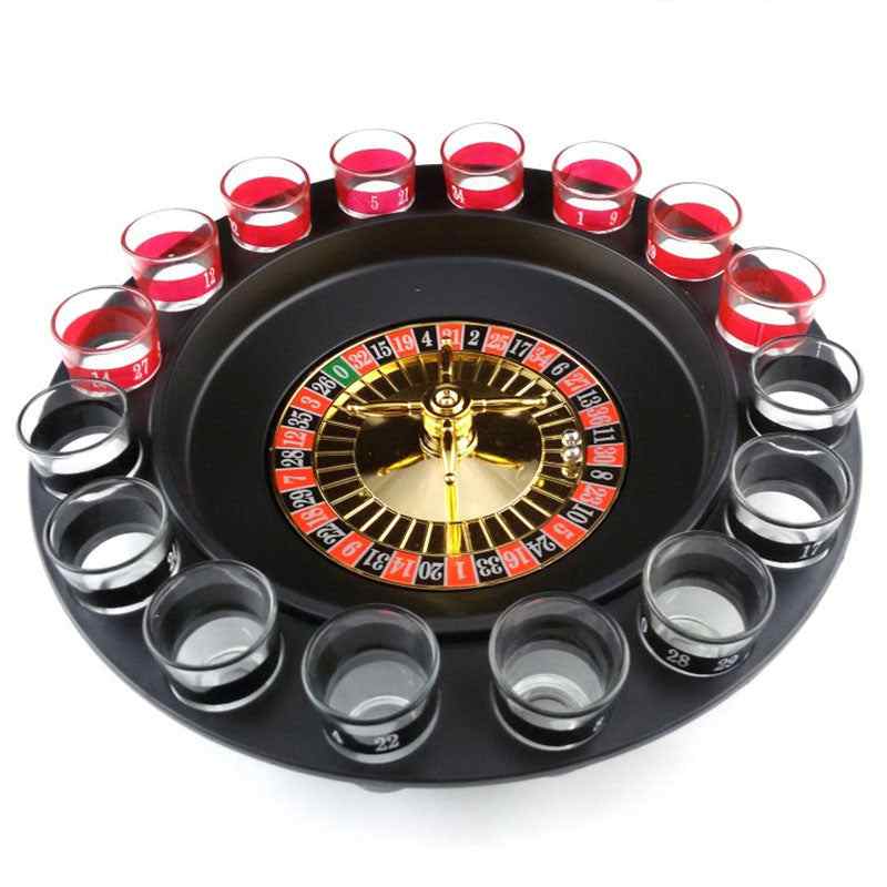 Shots Roulette game set with wheel, ball, and 16 shot glasses for parties.
