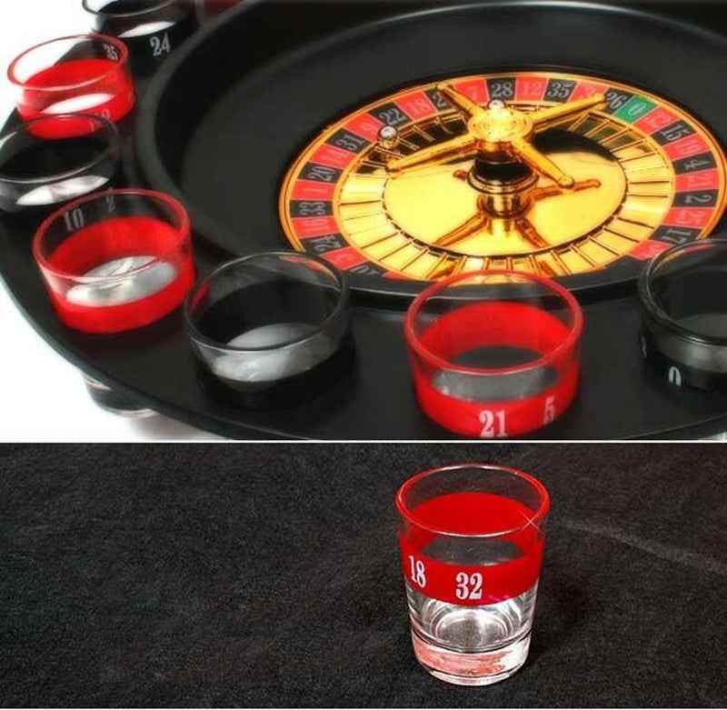Shots Roulette game set with roulette wheel, ball, and 16 numbered shot glasses.