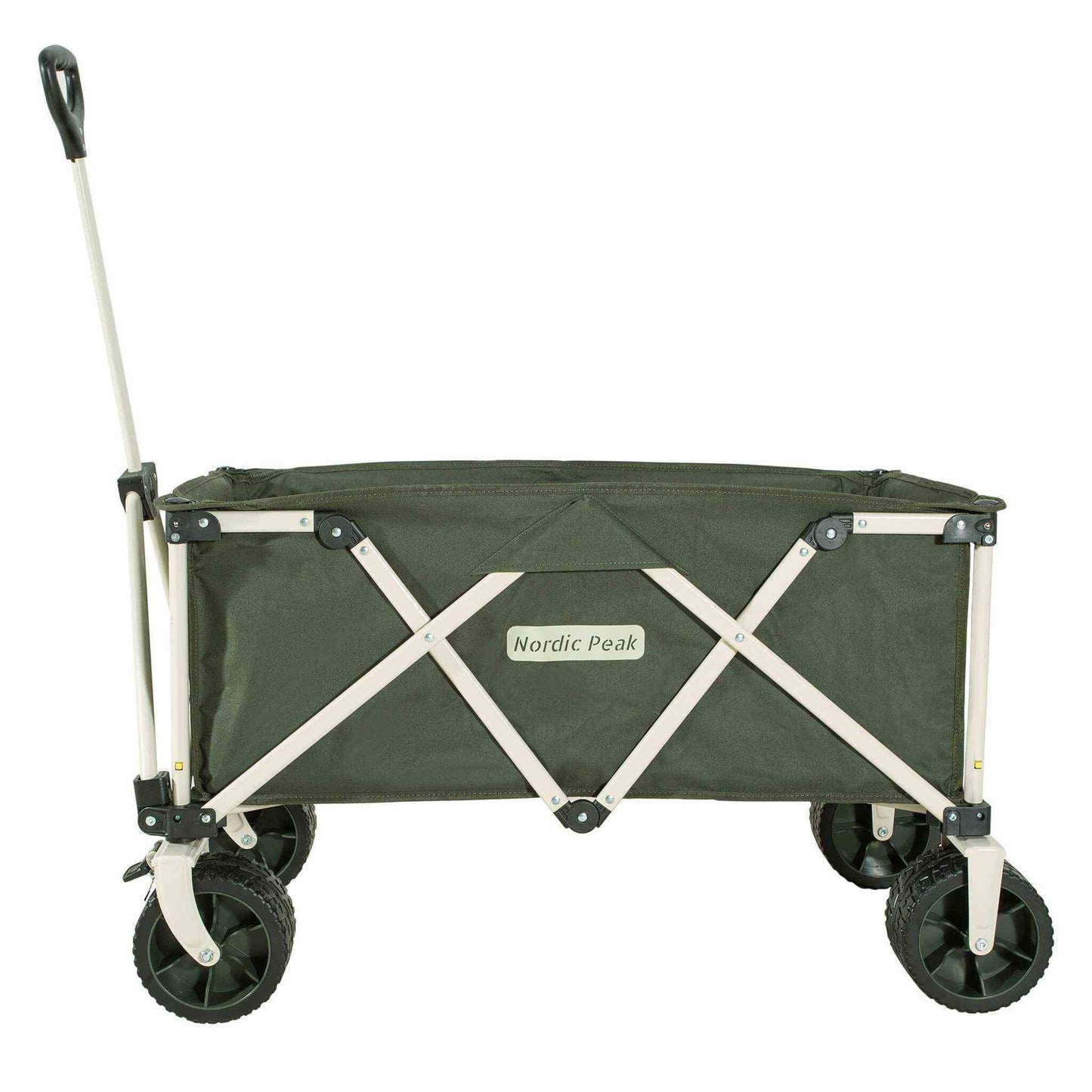 Foldbar premium trækvogn med grøn ramme, robust hjuldesign, og let transportkapacitet op til 120 kg, ideel til festivaler.