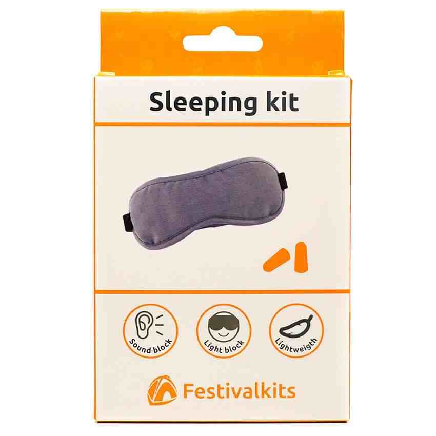Sove sæt med øjenmaske og skum ørepropper, ideelt til festivaler.