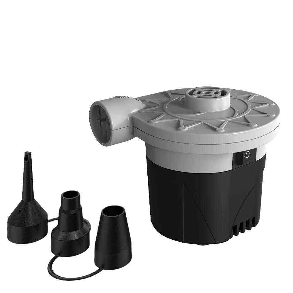 Elektrisk pumpe med batteri og forskellige pumpehoveder, ideel til festivaler og camping.