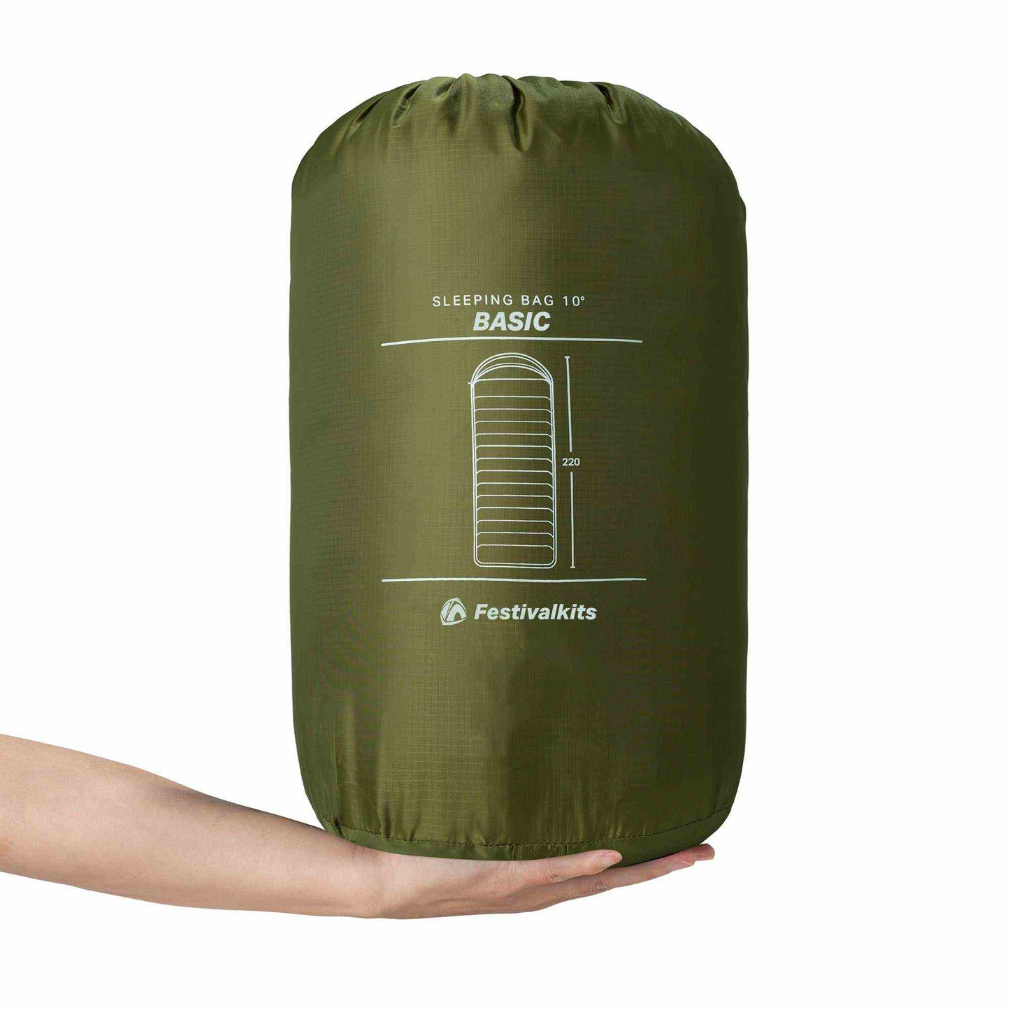 Green Basic sovepose sleeping bag with carrying case, ideal for summer camping and festivals; measures 185 x 75 cm, water-resistant.
