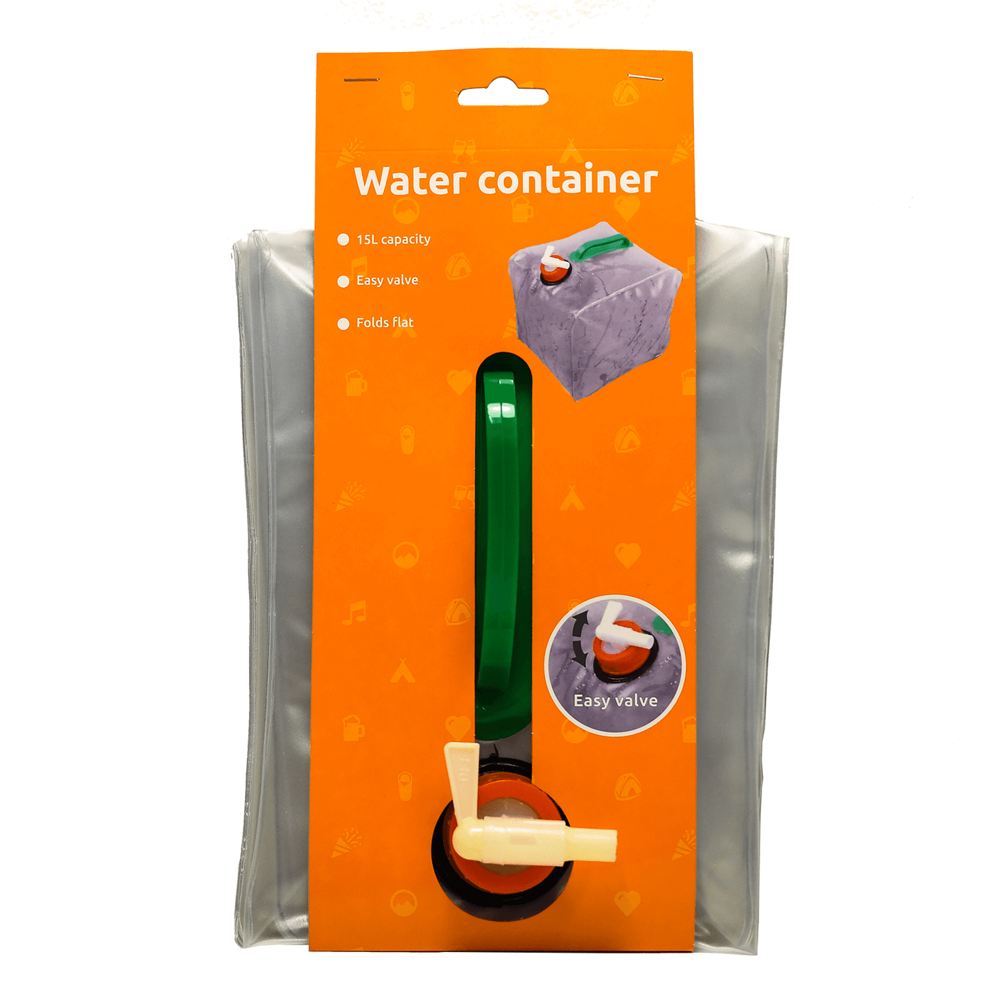 Foldable water container with easy valve, 5-15 liters capacity.