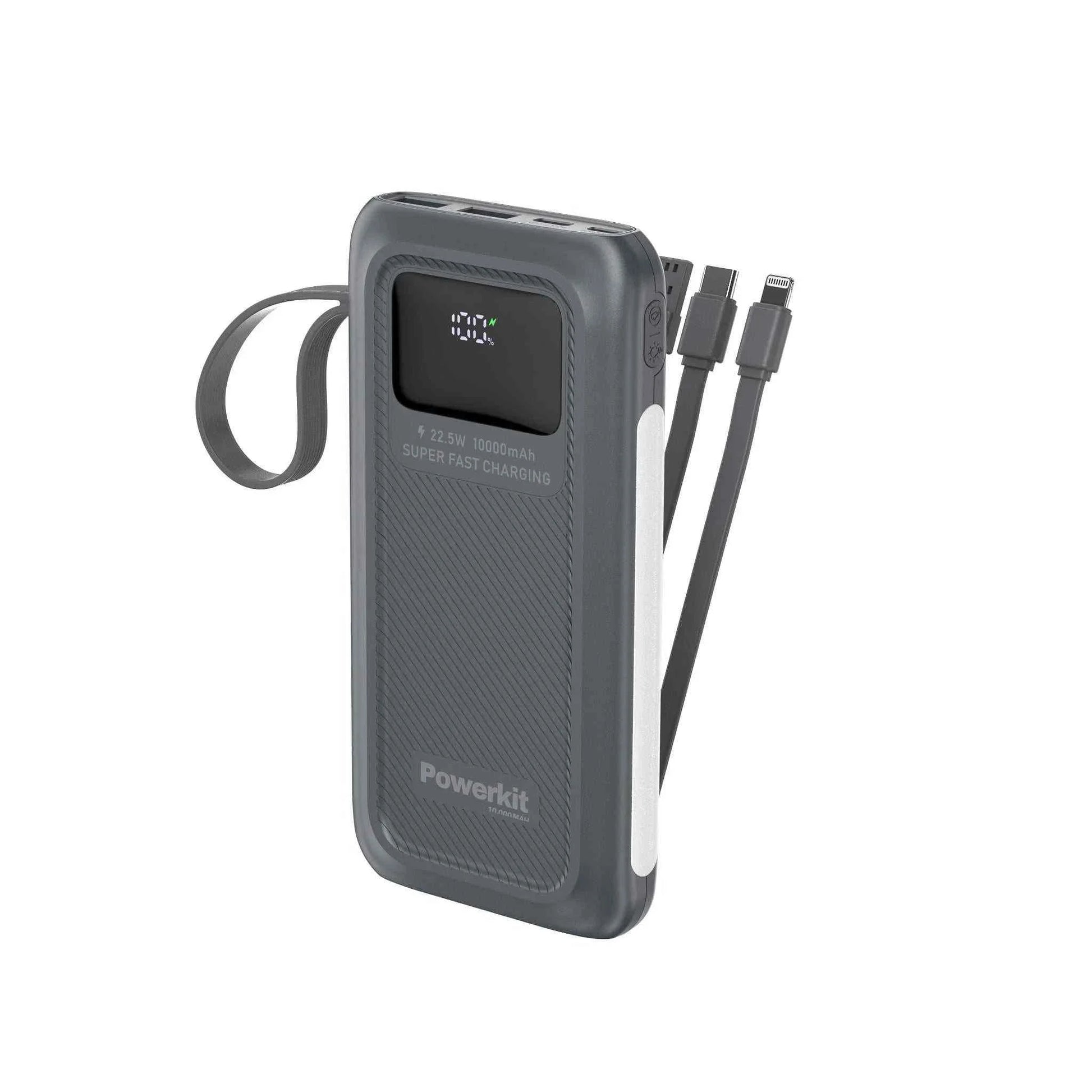 Powerbank 10.000 mAh med hurtigopladning, indbygget display og 4 kabler til forskellige opladningstyper.