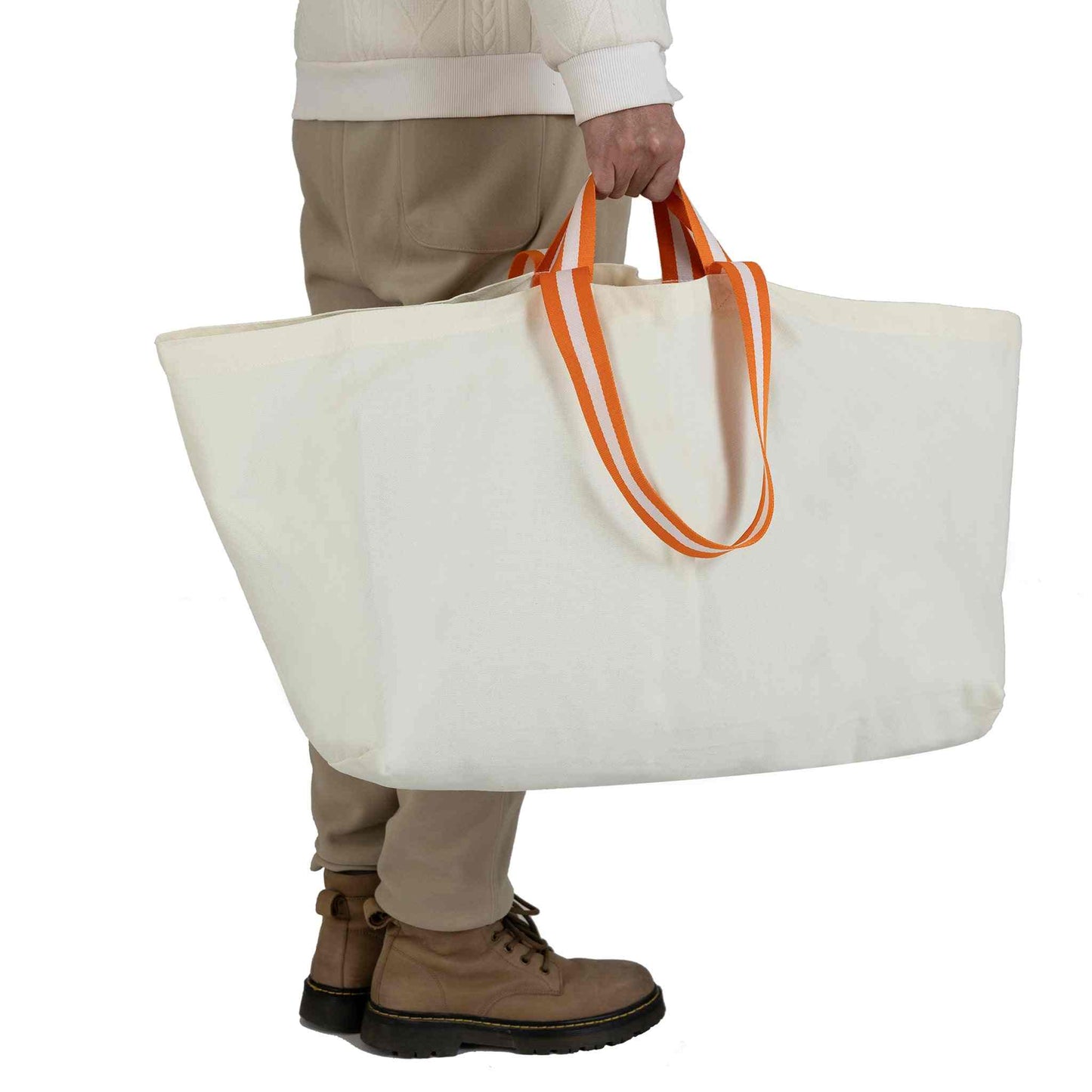 Large 70L canvas shopping bag for storage and transport, durable and water-resistant for groceries or camping gear.