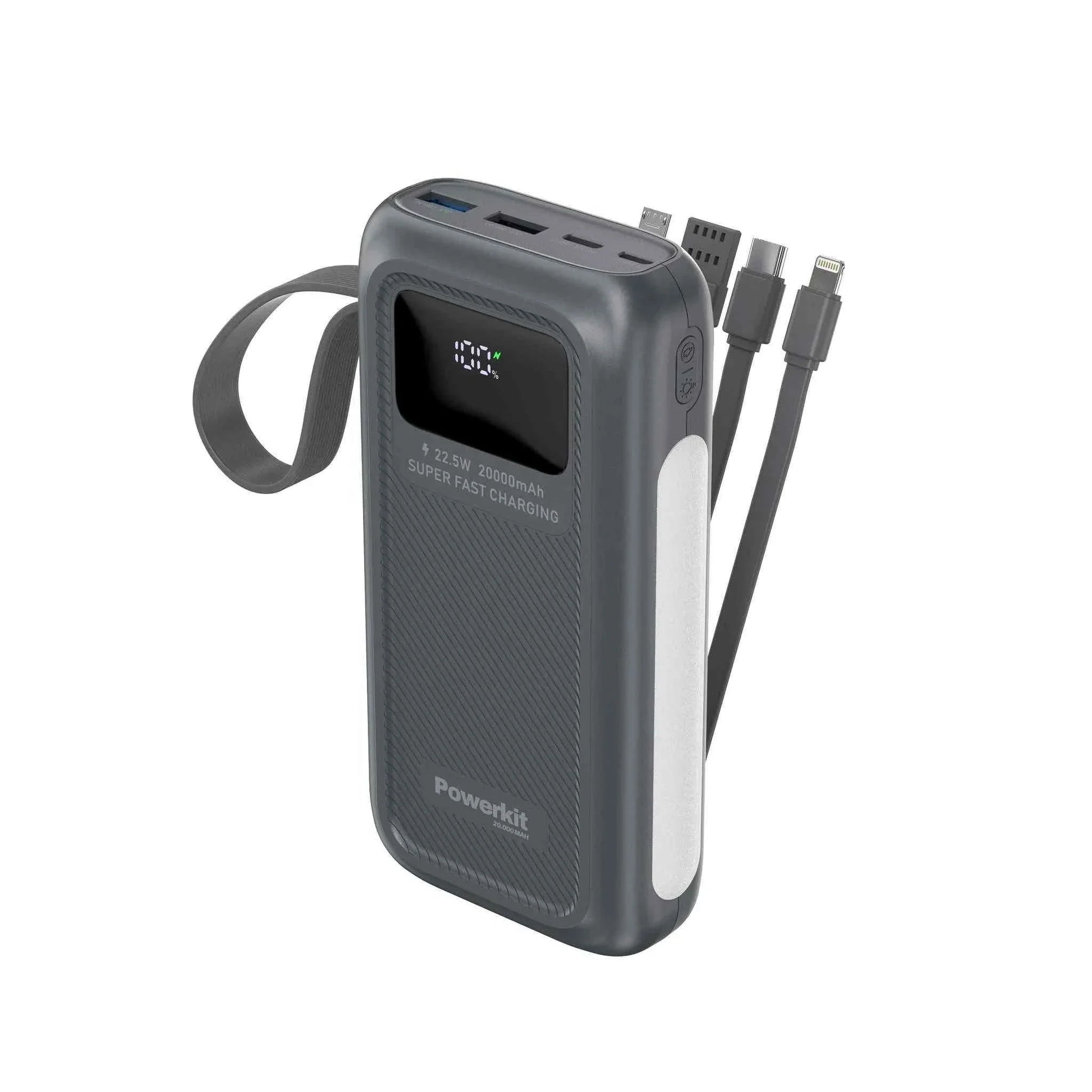 Powerbank 20.000 mAh med hurtigopladning, indbygget display, lommelygte og fire kabler til USB C, Lightning, Micro USB og USB A.
