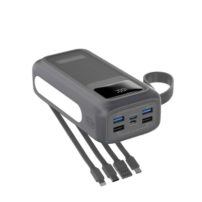 Powerbank 30.000 mAh med hurtigopladning, indbygget display og fire kabler til USB C, Lightning, Micro USB og USB A.