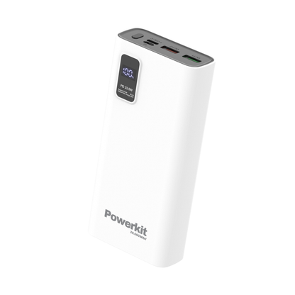 Powerbank with 20,000 mAh capacity, dual USB ports, and USB C input/output.