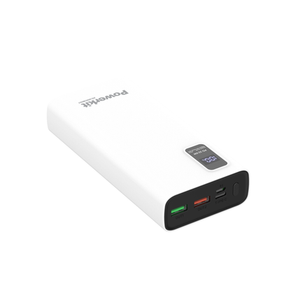 Powerbank 20.000 mAh with dual USB ports and fast charging capability.