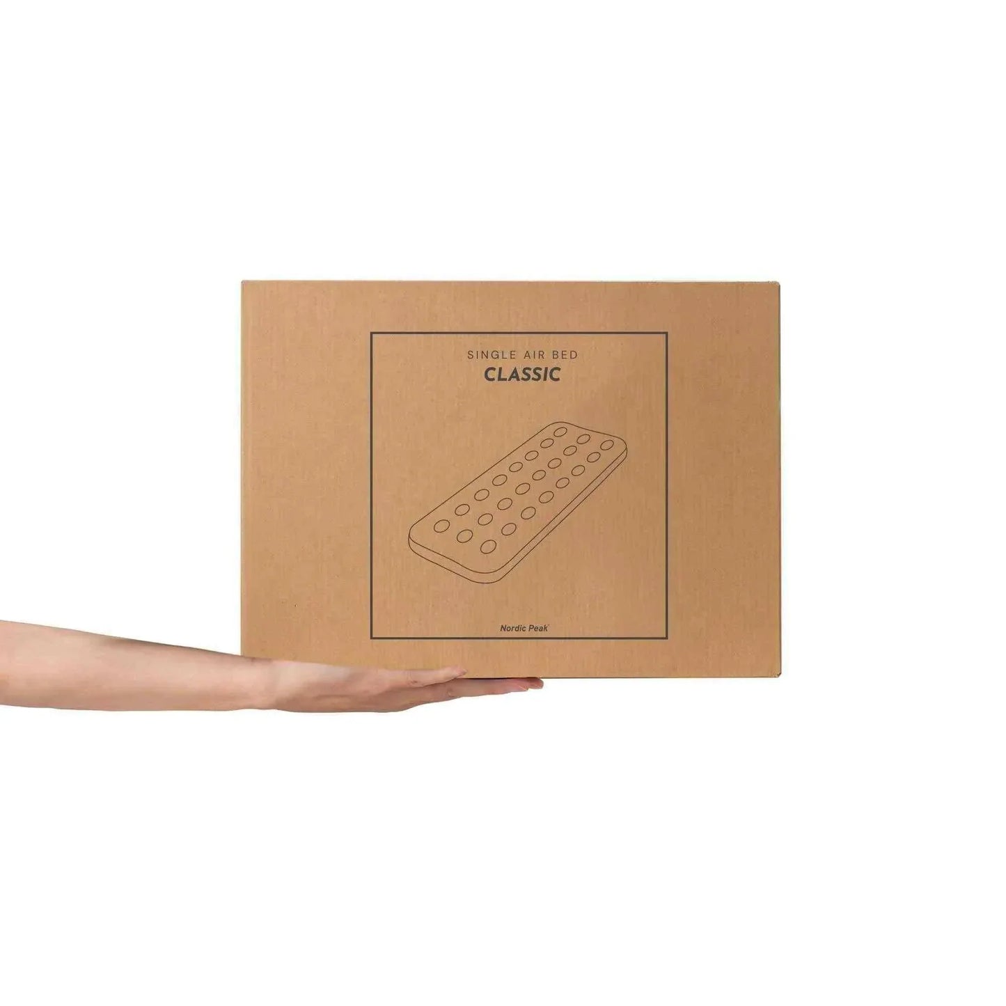 Single luftmadras packaging with repair kit included, available in Basic and Premium models.