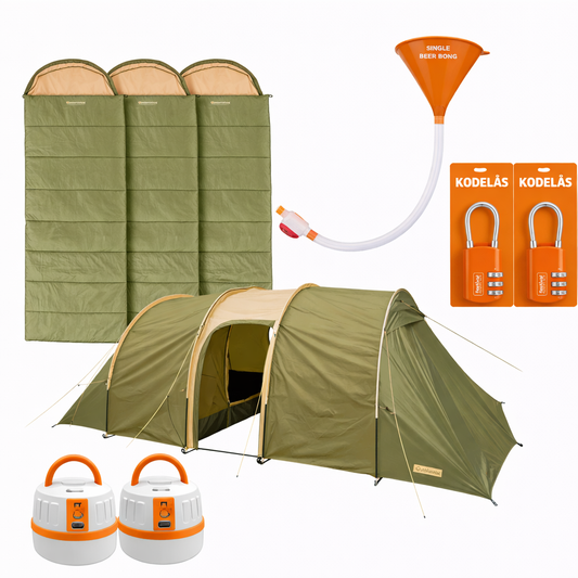 Festivalpakke til 3-4 personer med 4-personers telt, 3 soveposer, ølbong, 2 kodelåse og 2 genopladelige lamper.