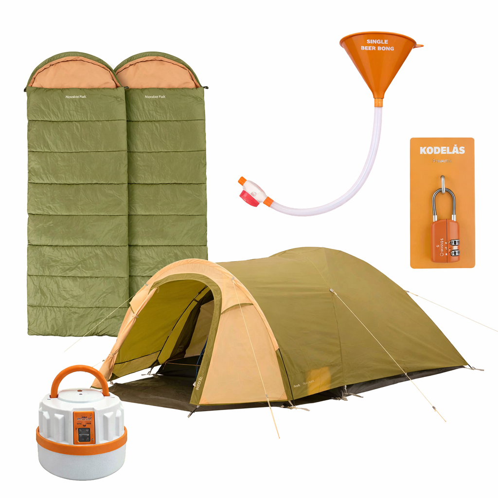 Festivalpakke til 2-3 personer med XL festtelt, 2 premium soveposer, ølbong, kodelås og genopladelig lampe