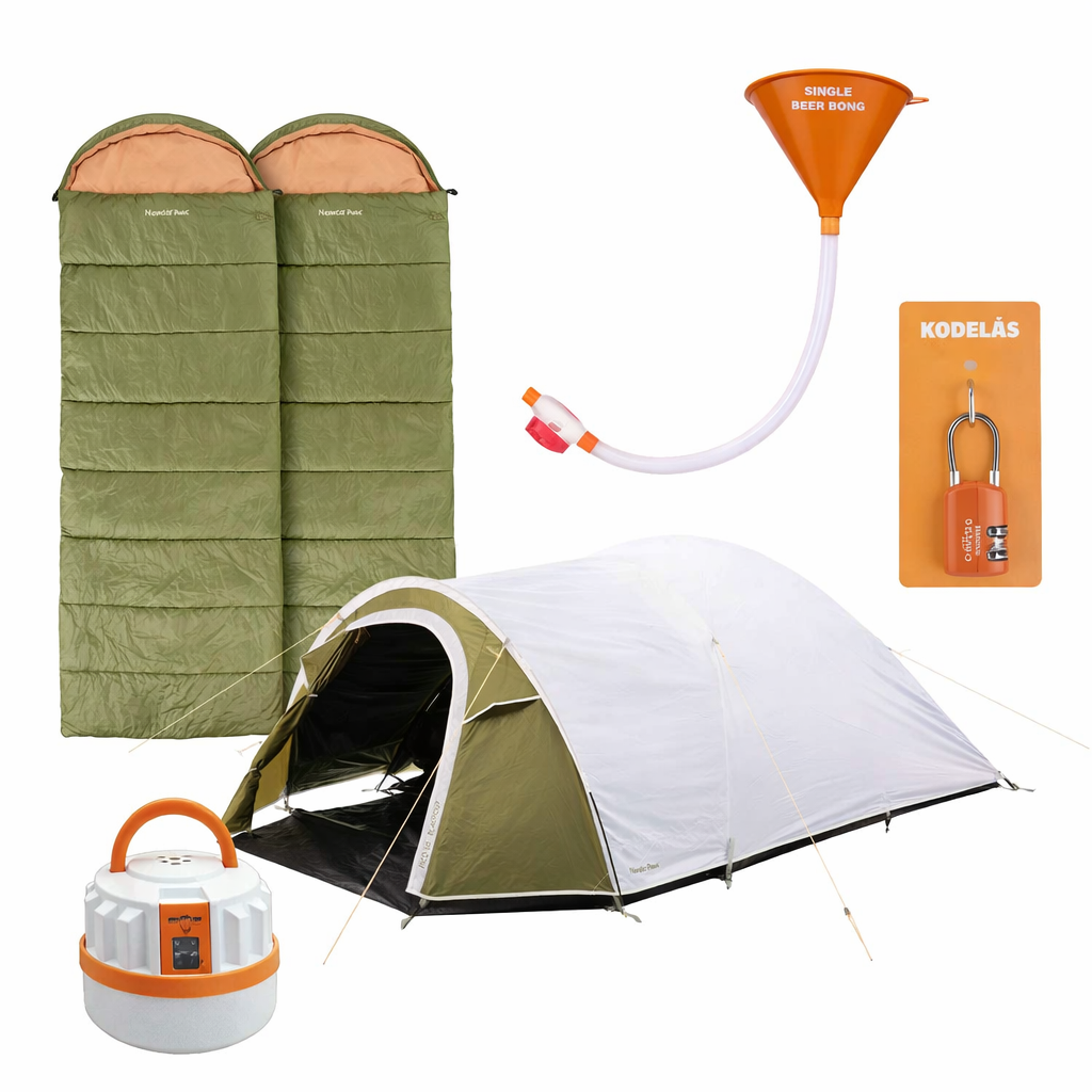 Festivalpakke til 2-3 personer med XL blackout telt, 2 soveposer, ølbong, kodelås og genopladelig lampe.