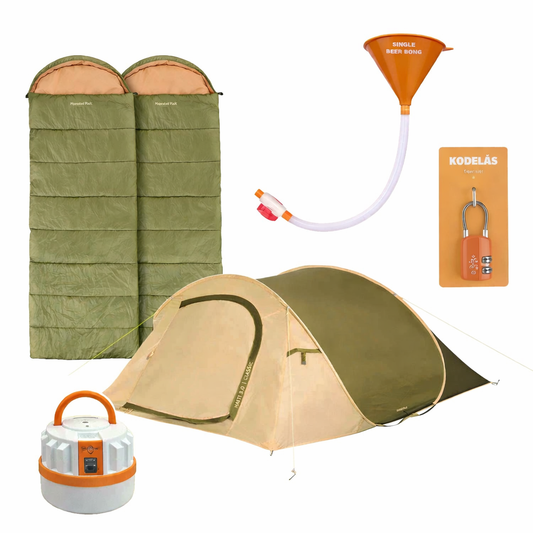 Festivalpakke til 2-3 personer med pop up telt, 2 soveposer, ølbong, kodelås og genopladelig lampe