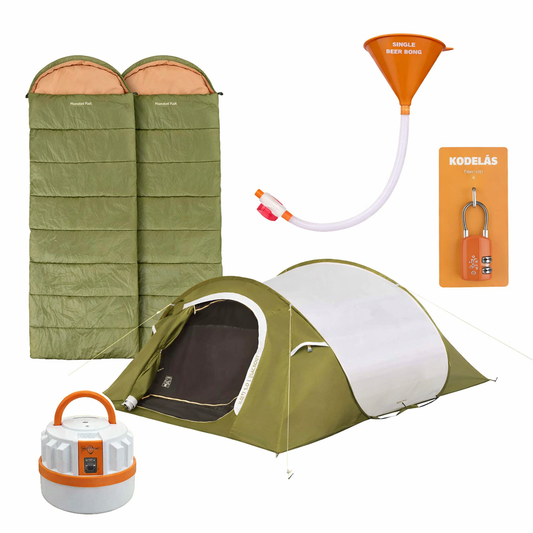 Festivalpakke til 2-3 personer med blackout pop up telt, 2 soveposer, ølbong, kodelås og genopladelig lampe